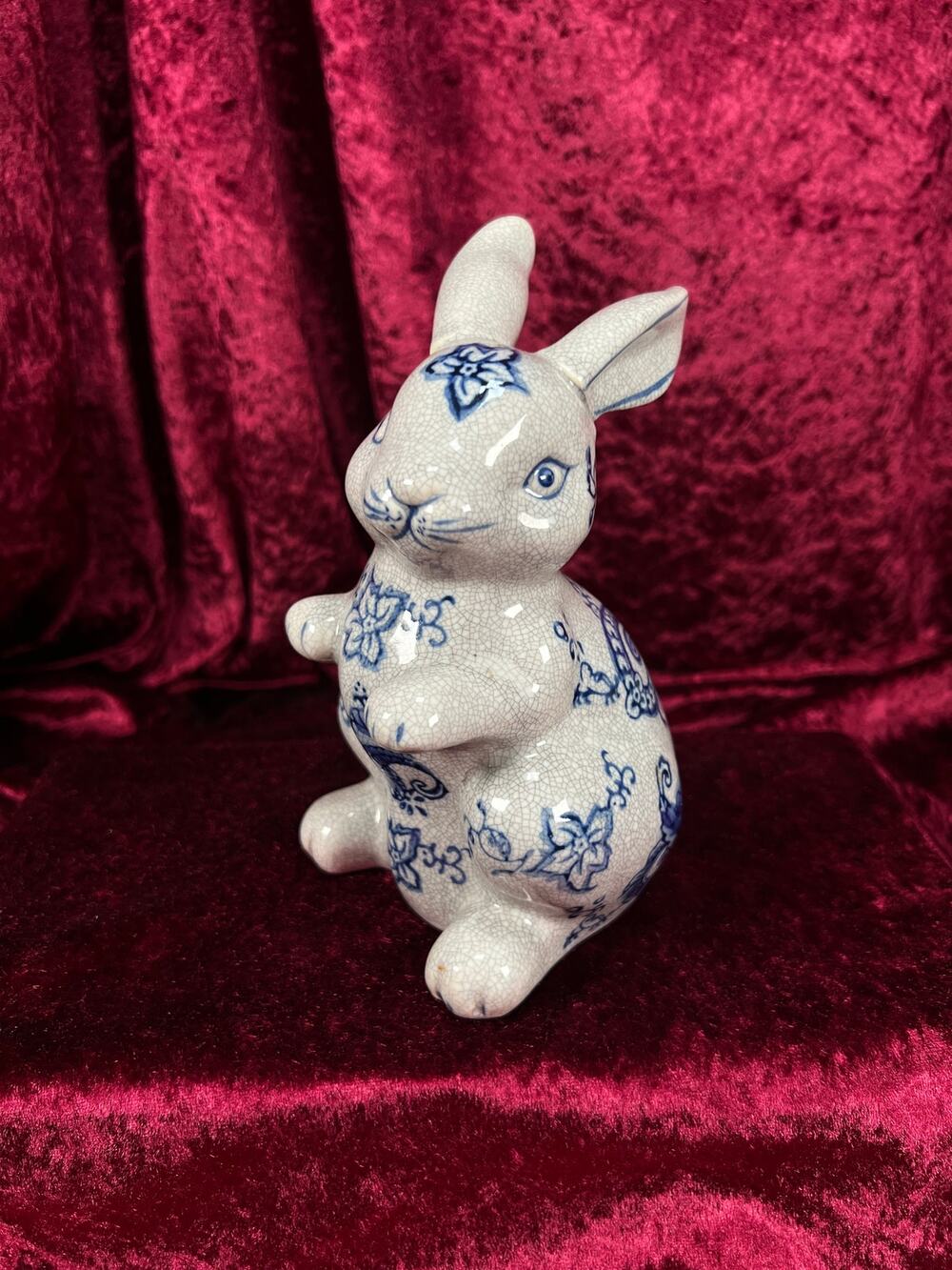 Vintage Ceramic Rabbit Figurine - Blue and White Floral Crackle Finish Baum Bros